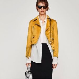 Zara Faux Suede Biker Moto Jacket Mustard Yellow